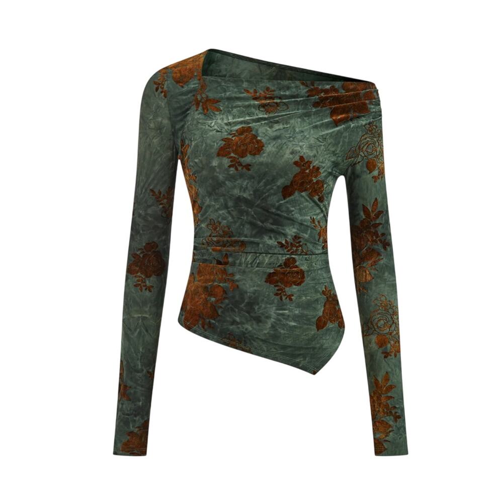 Commense One Shoulder Floral Mesh Top Forest Green Brown L NWT Modern Romantic